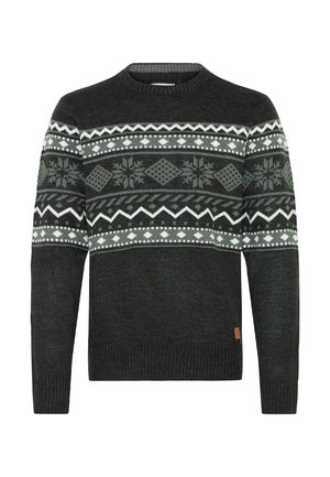 Tmavosivý sveter s vzorovaným dizajnom v svetlejších odtieňoch, vrátane geometrických tvarov a snehových vločiek, s rebrovaným výstrihom a lemom.