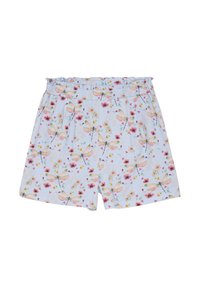Ljust blå shorts med elastisk midje, prydda med ett blommönster av trollsländor och blommor i rosa, gult och rött.