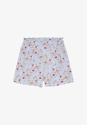 Lichtblauwe shorts met een elastische tailleband, versierd met een bloemenpatroon van libellen en bloemen in roze, gele en rode tinten.
