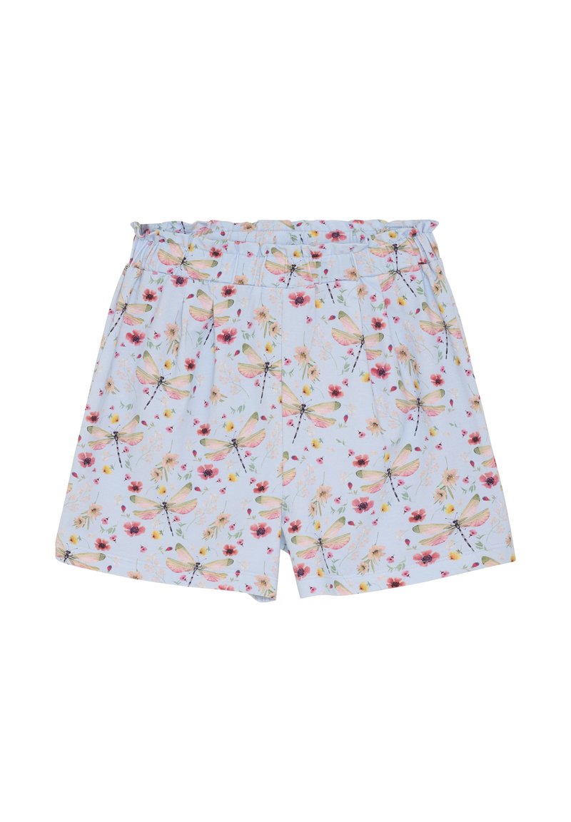 Ljust blå shorts med elastisk midje, prydda med ett blommönster av trollsländor och blommor i rosa, gult och rött.