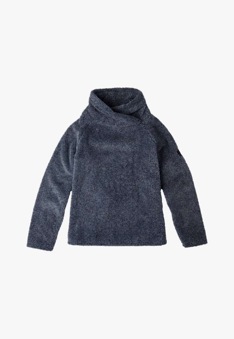 Pull-over gris foncé à manches longues et en tissu duveteux, doté d'un large col châle plié et d'une coupe décontractée.