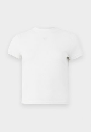 T-shirt bianco a maniche corte, con scollatura rotonda, realizzato in morbido cotone. Presenta un sottile dettaglio del logo al centro del petto. Tessuto liscio.