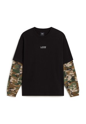 Maglia nera Vans a maniche lunghe con maniche con motivo mimetico e piccolo logo Vans bianco al centro del petto.