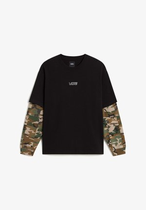 Schwarzes Vans Langarmshirt mit camouflagegemusterten Ärmeln und kleinem weißen Vans-Logo mittig auf der Brust.