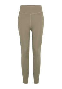 Hooggewaist legging in een gedempt olijfgroen. Gemaakt van een gladde, rekbare stof met subtiele stikdetails langs de naden.