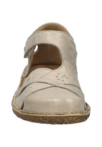 Light gray leather sandal with a closed toe, strap across the instep, cut-out details, and a textured brown sole.