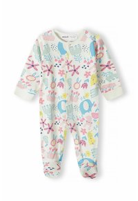 Tutina per neonato a maniche lunghe in tessuto bianco, con una stampa colorata di animali e fiori, dotata di bottoni a pressione lungo la parte anteriore per la chiusura.
