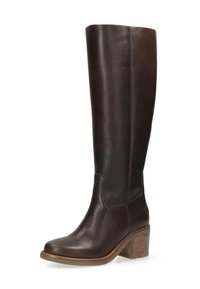 Botas altas de cuero marrón con un acabado suave, un puntera ligeramente redondeada y un tacón apilado. Presentan un diseño de panel lateral en contraste.