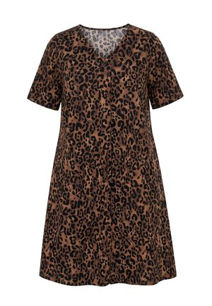 Ulla Popken, ALLOVER PRINT SHORT SLEEVE POCKET DRESS - Freizeitkleid - cognac brown