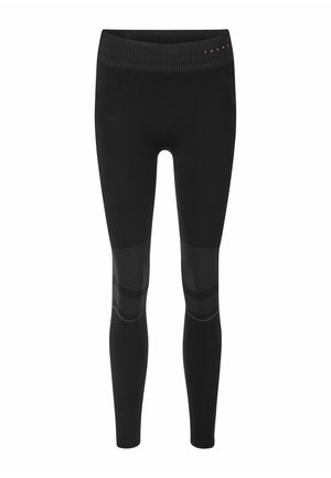 Schwarze Leggings mit einem gerippten Bund, ausgestattet mit kontrastierenden, strukturierten Einsätzen und glattem Stoff. Entworfen für Komfort und Flexibilität.