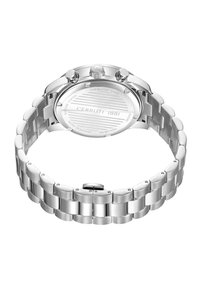 Orologio in acciaio inossidabile con bracciale argentato lucido, dotato di cassa rotonda, corona e fondello testurizzato contrassegnato con "CERRUTI 1881."