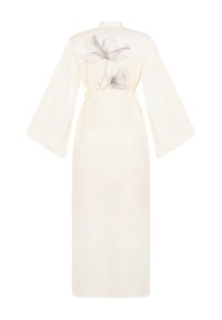 Crèmekleurige lange kimono-jas met wijde mouwen, een strikceintuur en twee grote doorschijnende bloemafbeeldingen op de rug.