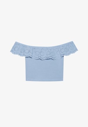 Hele sinine õlgadele jääv tops, millel on rüüsid kaela ümber ja silmadele lõigatud detailid. Sile kude ja sobiv kehakuju.