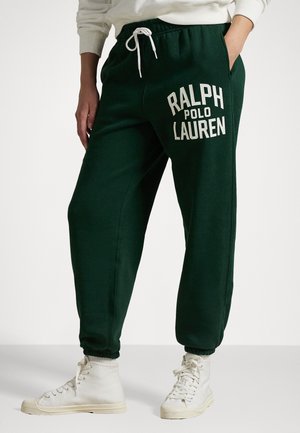 Zaļas kokvilnas maisījuma sporta bikses ar elastīgiem džemperiem, kurās sānos ir balts "RALPH POLO LAUREN" prints un regulējama šnūru vidukļa daļa.