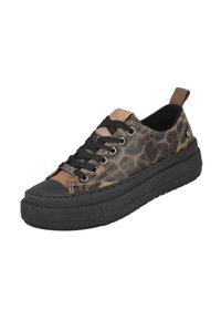 Zapatillas de lona con estampado de leopardo, suela de goma negra, puntera redonda, cordones negros y tirador trasero para facilitar su puesta.