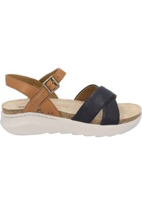 Brown and navy strappy sandals with buckle detail, cushioned footbed, and white rubber sole, featuring cross-band design and a textured finish.