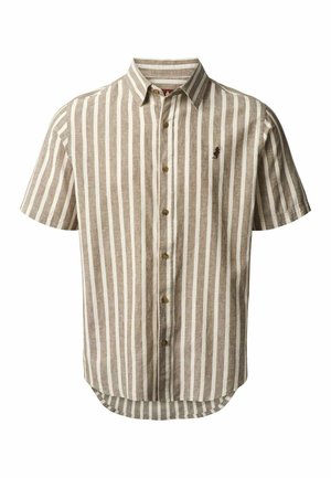 Camicia beige e bianca a righe verticali con maniche corte, chiusura con bottoni, colletto e piccolo logo ricamato sul petto a sinistra.