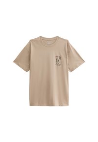 Camiseta de algodón beige con mangas cortas, cuello redondo y un gráfico floral en rosa y verde en el lado izquierdo cerca del dobladillo.