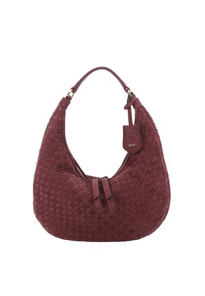 Woven burgundy suede handbag with single handle, zipper closure, and small branded tag hanging from the strap.
