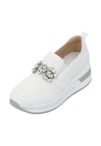 White slip-on sneaker with a textured upper, silver accent stones on the front, and a thick white and gray wedge sole.