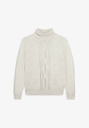 Maglione grigio chiaro con collo alto a costine, motivo a treccia sulla parte anteriore e polsini e orlo a costine. Texture morbida e stile classico.