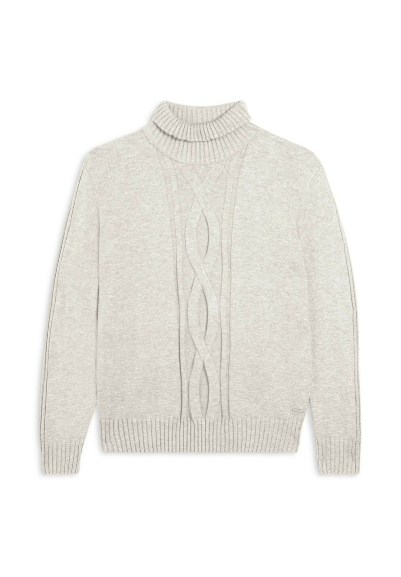 Pull léger gris avec col roulé côtelé, design en tricot torsadé à l'avant, et poignets et ourlet côtelés. Texture douce et style classique.