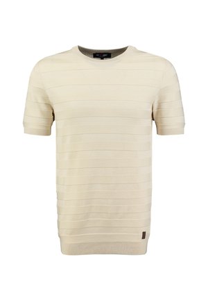 Cream-colored short-sleeve sweater with horizontal stripes, ribbed neckline and cuffs, featuring a small brown logo patch on the hem.
