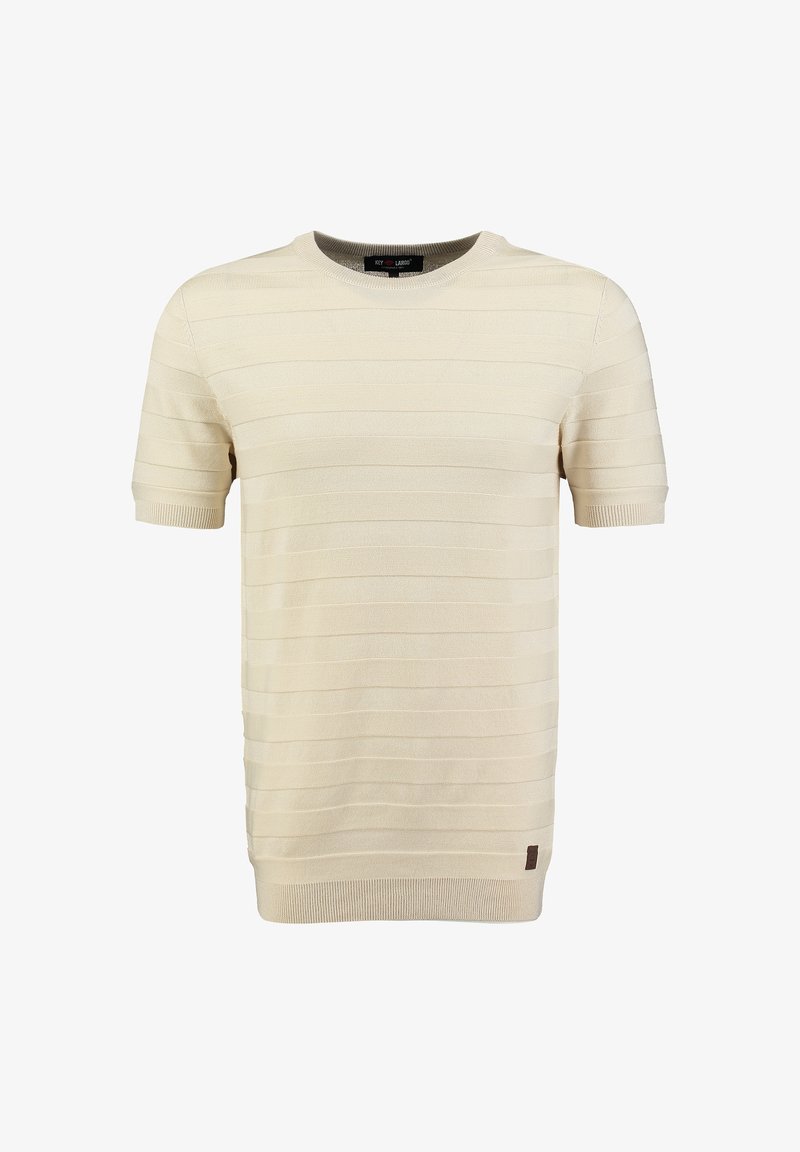 Suéter de manga corta color crema con rayas horizontales, cuello y puños acanalados, que presenta un pequeño parche de logo marrón en el dobladillo.