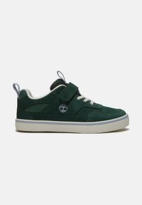 Dark green casual sneaker with white sole, gray pull tabs, white laces, Velcro strap, and tree logo on side.