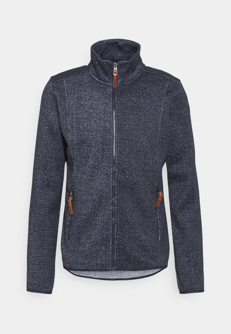 Laivastonsininen vetoketjullinen takki korkealla kauluksella, tekstuurilla varustettua kangasta, kaksi vetoketjullista sivutaskua ja ruskeita nahkaisia yksityiskohtia.