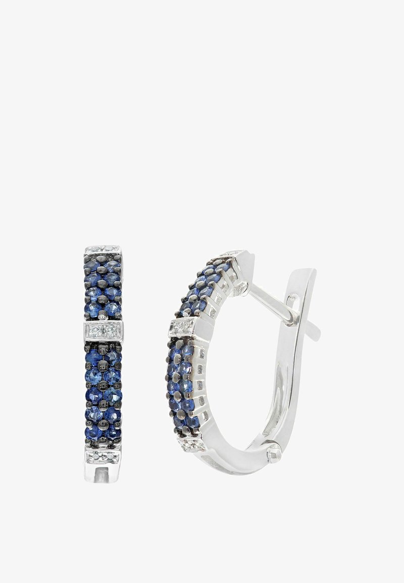 Uhani na obročih iz srebra z modrimi in črnimi kamni, z zrnato obliko in majhnimi prozornimi akcenti po vrhu.