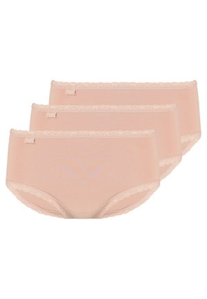 Verpakking van drie roze katoenen slips met kantafwerking bij de taille en de beenopeningen. Zachte textuur, naadloos ontwerp en label aan de voorkant links.