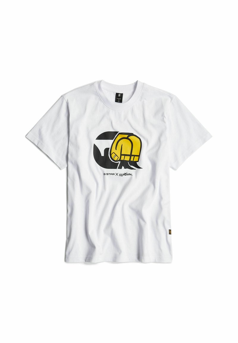 Weißes Baumwoll-T-Shirt mit großem schwarz-gelbem grafischen Design auf der Vorderseite. Kurze Ärmel, Rundhalsausschnitt und normale Passform.