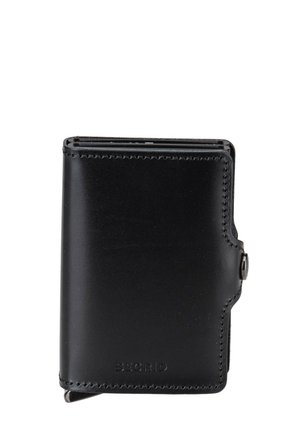 Kompakte schwarze Lederbrieftasche mit sichtbarer Naht, Metallknopfverschluss und geprägt"SECRID"-Logo unten vorne in der Mitte.