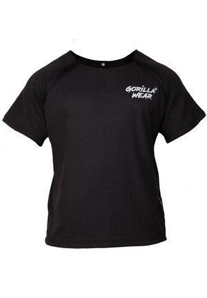 Zwarte T-shirt met korte mouwen van ribstof, voorzien van een ronde hals en een logo-opdruk op de borst. Zijsplitten verbeteren de mobiliteit.