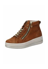 Zapato de ante marrón tipo botín con suela de goma blanca, cordones en la parte delantera y detalle de cremallera lateral. Presenta herrajes en tono dorado y un acabado texturizado.