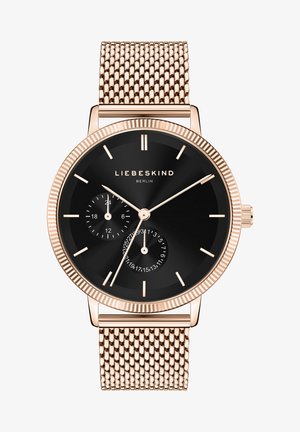 Runde Uhr mit schwarzem Zifferblatt, Roségold-Akzenten und strukturiertem Roségold-Mesh-Armband. Verfügt über zwei Teilzifferblätter und schlanke Stundenmarker.
