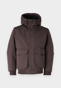 Brązowa, pikowana kurtka z suwakiem z przodu, regulowanym kapturem, dwoma przednimi kieszeniami i ściągaczami na rękawach dla ciepła i komfortu. Gładka tekstura.