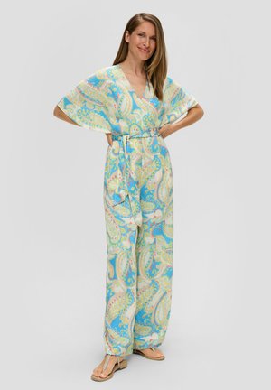 Combinaison légère et colorée avec un motif cachemire, dotée d'un décolleté en V profond, de larges manches et d'une taille cintrée avec une ceinture assortie.