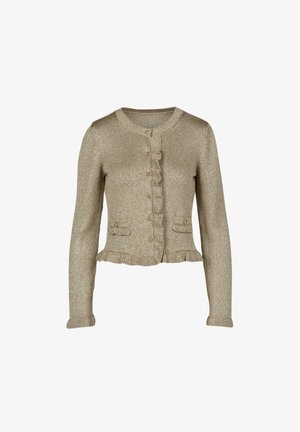 Gold knit cardigan with long sleeves, round neckline, ruffled front, and two decorative pockets accented by gold buttons.