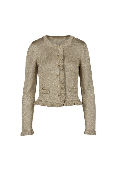 Auksinė megzta kardiganas su ilgomis rankovėmis, apvaliu kaklu, raukšlėtu priekiu ir dviem dekoratyvinėmis kišenėmis, papuoštomis auksinėmis mygtukais.