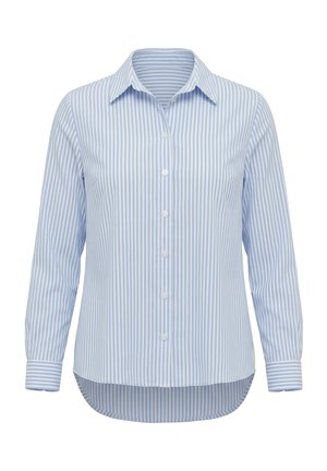 Světle modrá a bílá pruhovaná košile s dlouhým rukávem, zapínáním na knoflíky, límcem a zaobleným spodním lemem, zobrazená na bílém pozadí.