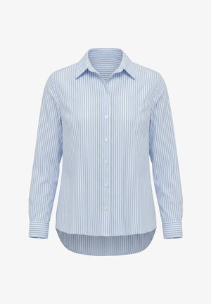 Camicia a righe verticali azzurro chiaro e bianco, a maniche lunghe con bottoni, colletto e orlo curvo, mostrata su sfondo bianco.