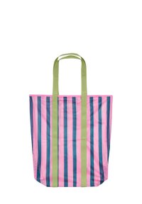 Gestreepte schoudertas in roze, blauw en groen. Gemaakt van gaasmateriaal, met groene handvatten en een ruime indeling.