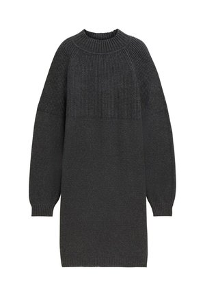 Grijs gebreid jurkje met een geribbelde hoge hals, lange mouwen en een textuur bodice. Zacht materiaal met een ontspannen, oversized pasvorm.