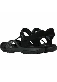 Sandalia negra con correas de tela, cierre ajustable, plantilla acolchada, suela texturada y diseño ligero para mayor comodidad y soporte.