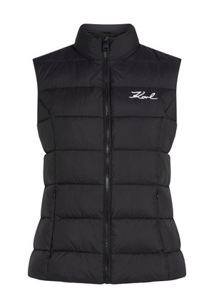 Gilet rembourré noir avec un col montant, un quilting vertical, une fermeture éclair à l'avant et un petit logo brodé sur la poitrine gauche.