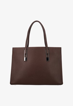 Geantă tote maro închis din piele texturată, cu două mâner lungi și accesorii dreptunghiulare argintii la prinderea mânerelor.
