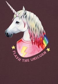 Illustration eines Einhorns mit einem weißen Körper und einer bunten Mähne, das ein pinkes T-Shirt mit einem gelben Blitz trägt, umgeben von Text und Sternen.