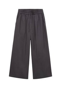 Donkergrijze wijdestockbroek met elastische tailleband en koord, voorzien van zijzakken en een relaxte pasvorm.
